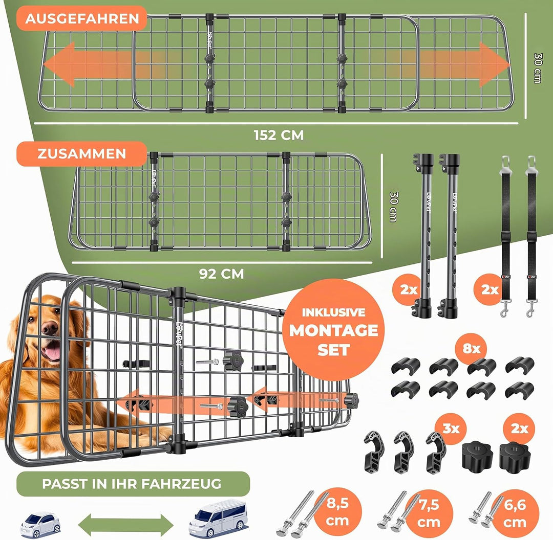 LOVPET® Hundegitter Auto Kofferraum – Universal Trenngitter für Hunde, verstellbar 92–152 cm, ohne B