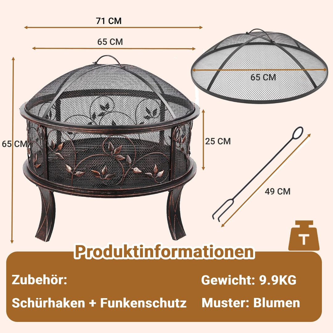 Feuerschale, Feuerschale Garten, Feuerkorb mit Funkenschutz, Feuerstelle Retro-Look, inkl. Poker & K