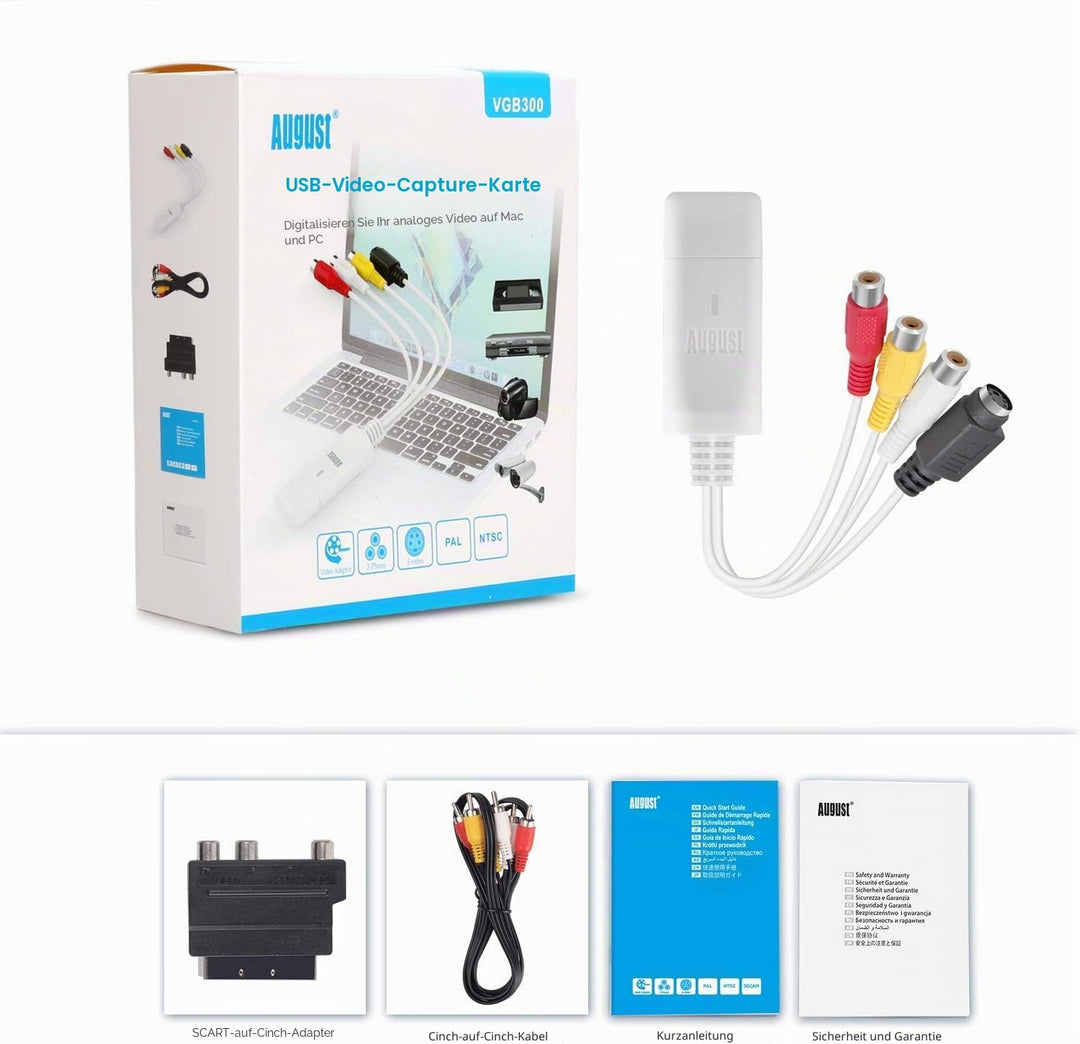 USB Video Grabber - [2023 Modell] August VGB300 - Audio Video Konverter zum Digitalisieren von VHS u