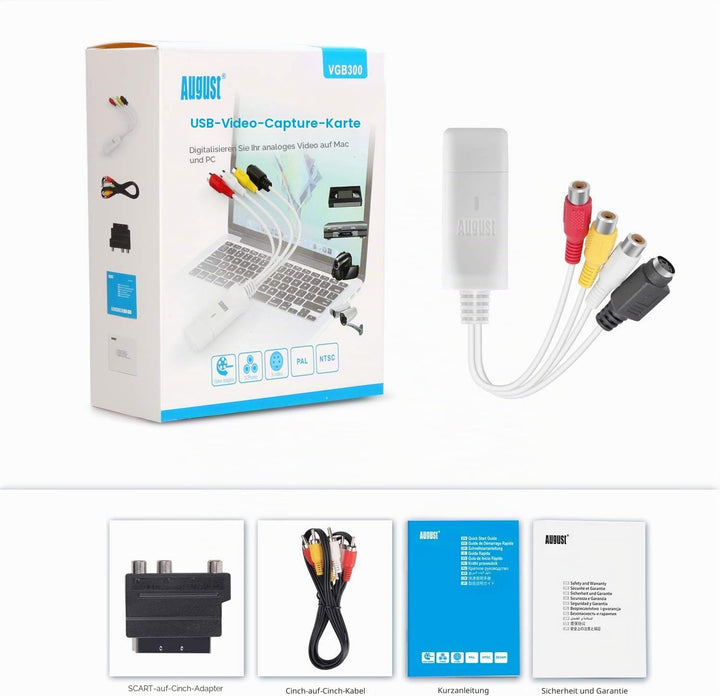 USB Video Grabber - [2023 Modell] August VGB300 - Audio Video Konverter zum Digitalisieren von VHS u