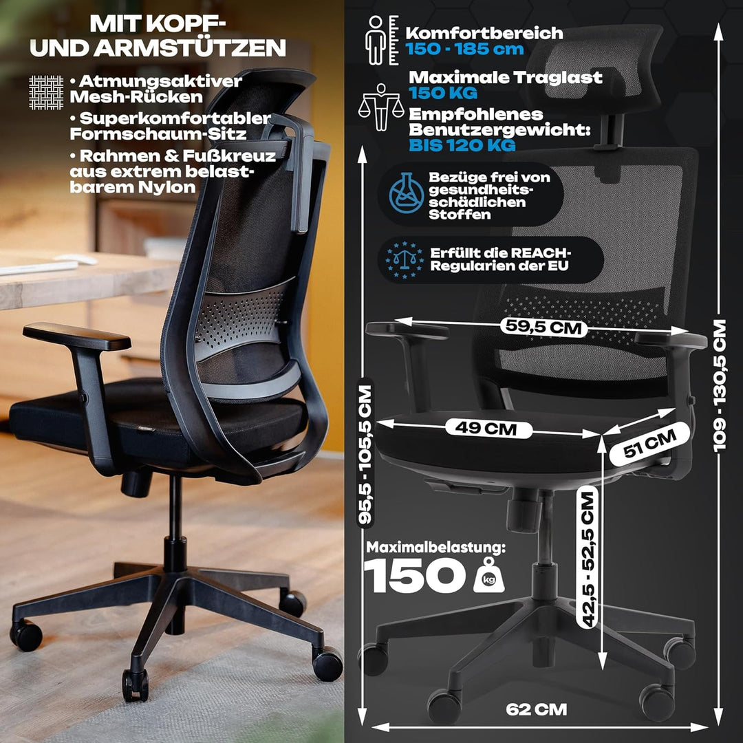 VALKENSTOL M2 Ergonomischer Bürostuhl 150 kg Schreibtischstuhl Ergonomisch [Max Bewegungsfreiheit] B
