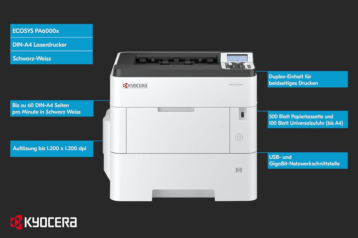 Kyocera Klimaschutz-System Ecosys PA6000x Laserdrucker Schwarz Weiss, Duplex-Einheit, 60 Seiten pro