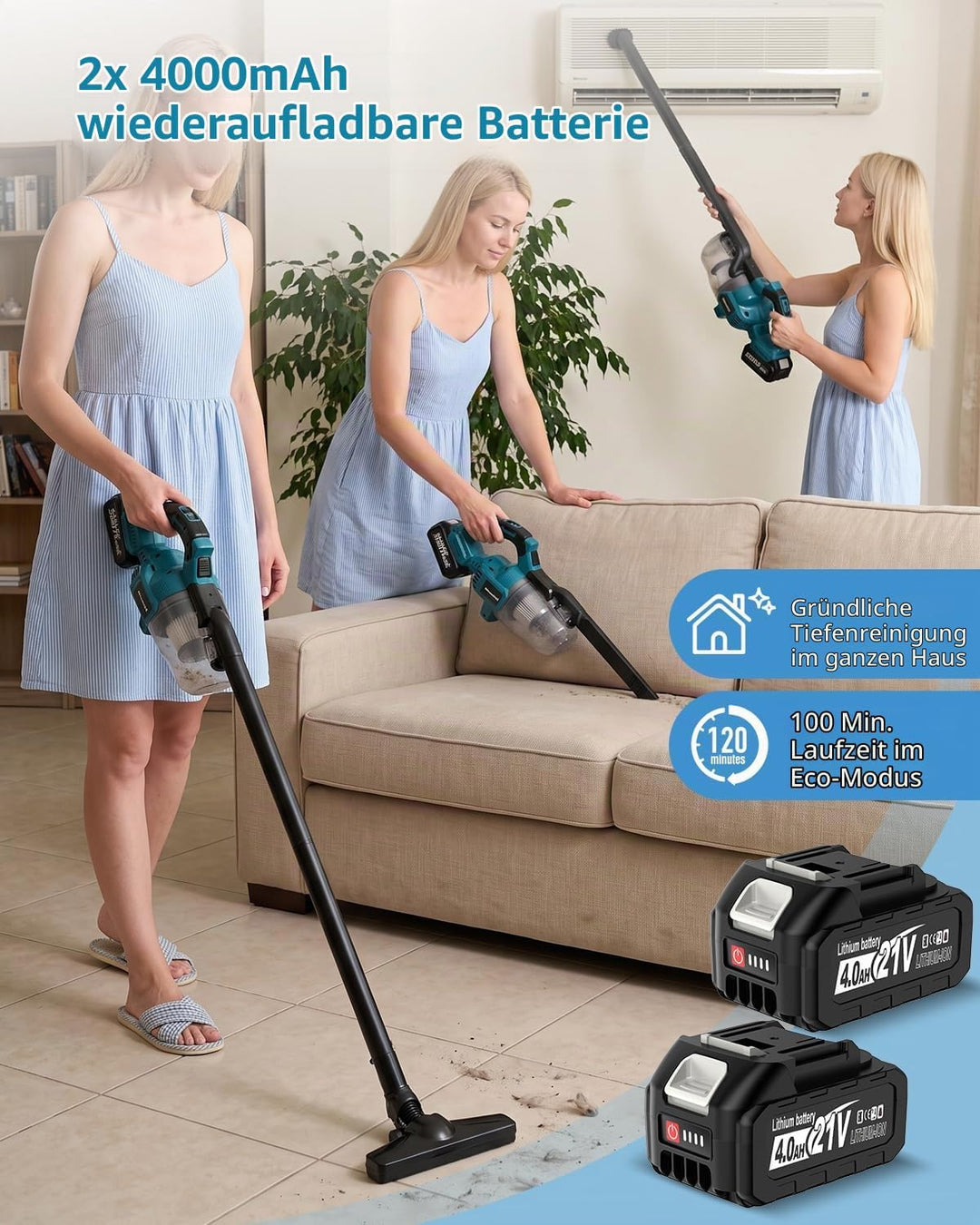 Akku Staubsauger Kompatibel mit Makita 18V, 16000Pa 4-in-1 Akku Handstaubsauger mit 2X 4.0Ah, 4 Bürs