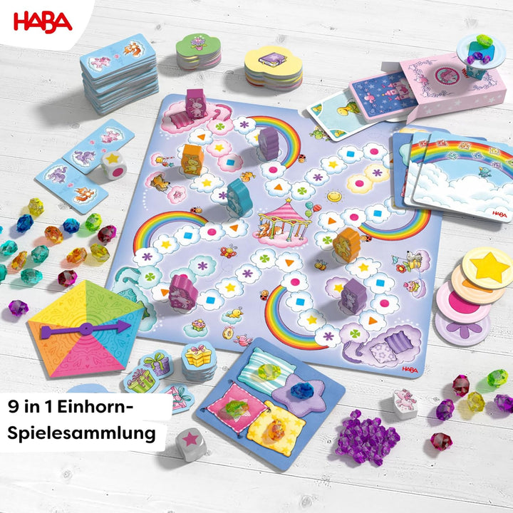 HABA Einhorn Glitzerglück Spielesammlung – 9 in 1 Spiele Set: Würfel-, Brett- & Kartenspiele für Kin