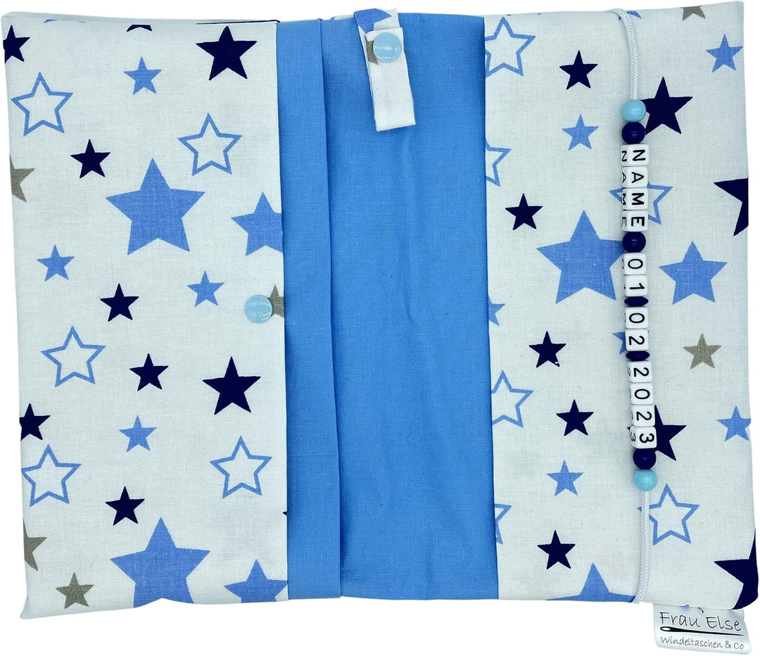 Grosse Windeltasche XXL mit Name personalisiert Wickeltasche - Sterne weiss blau - für Jungen
