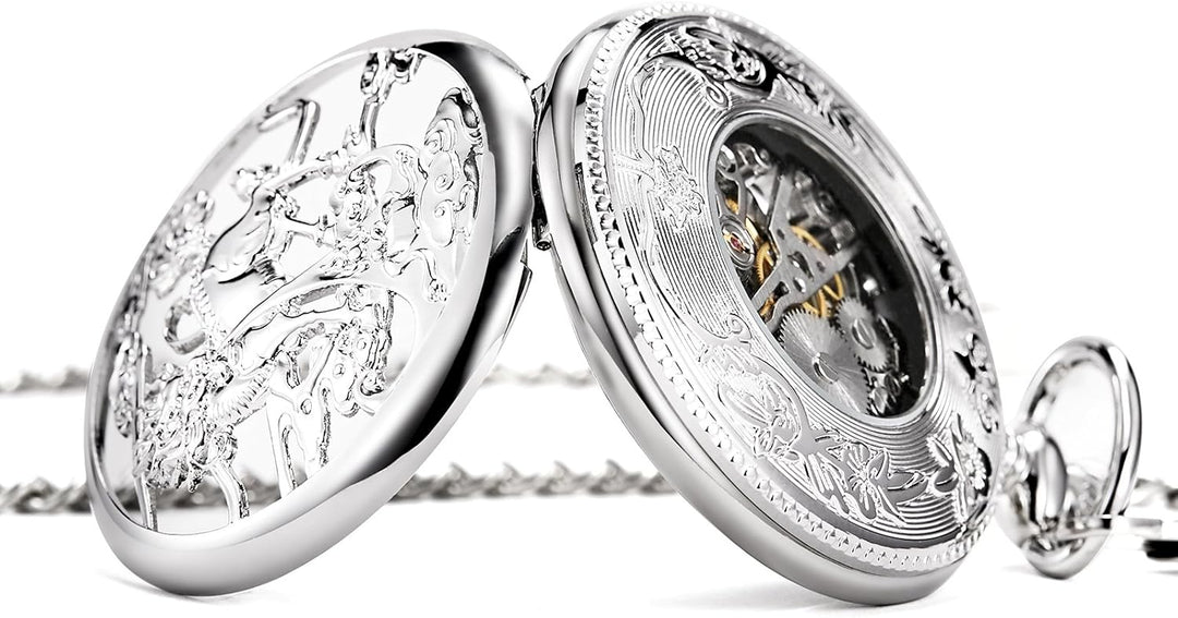 TREEWETO Unisex Taschenuhr mit Kette Analog Handaufzug Einhorn Kylin Skelett Silber