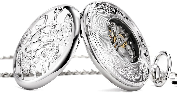 TREEWETO Unisex Taschenuhr mit Kette Analog Handaufzug Einhorn Kylin Skelett Silber