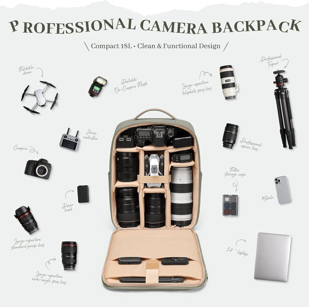 Kamerarucksack, DSLR SLR Kameratasche mit 14 Zoll Laptopfach und Regenschutz, Kompatibel für Kamera