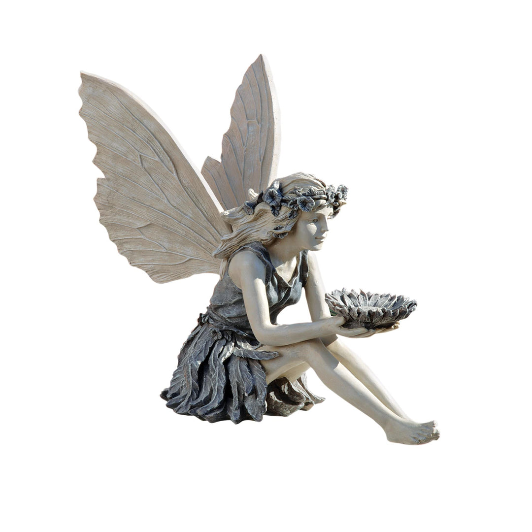 Design Toscano Die Sonnenblumenfee Gartenstatue Vogeltränke, Polyresin, stein, 51 cm, Sonnenblumen