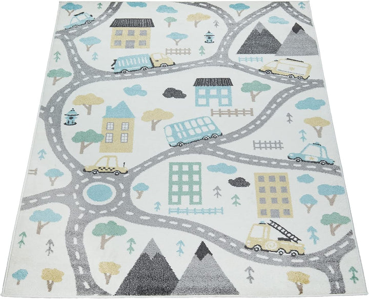 Paco Home Kinderteppich Teppich Kinderzimmer Spielteppich Pastell Junge Mädchen Auto Strasse Haus Cr