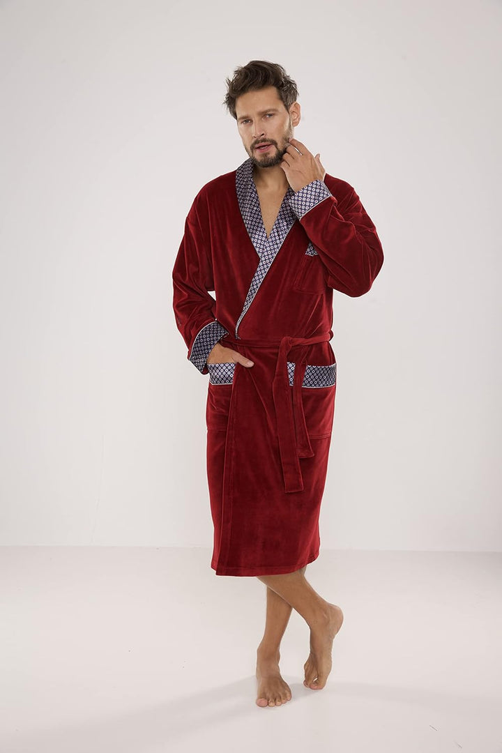 FOREX Lingerie edler und hochwertiger Baumwoll-Bademantel Herren-Mantel im tollen Design M Bordeaux,