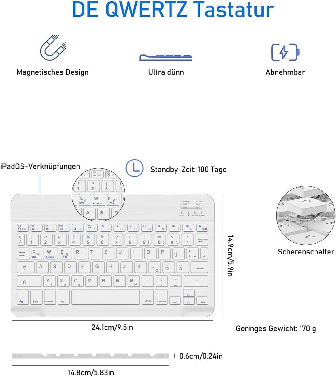 Deutsche Bluetooth QWERTZ Tastatur für iPad 10/10.2, Air 11/13, Samsung Galaxy Tab, Xiaomi Pad, Leno