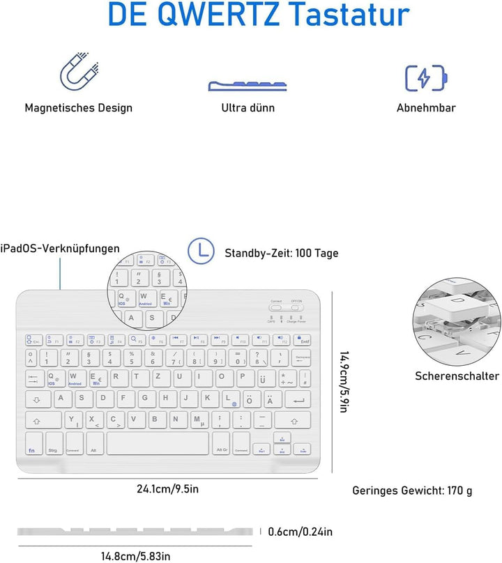 Deutsche Bluetooth QWERTZ Tastatur für iPad 10/10.2, Air 11/13, Samsung Galaxy Tab, Xiaomi Pad, Leno