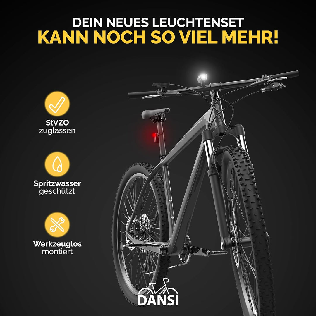 DANSI Fahrradleuchten-Set StVZO I LED-Fahrradlicht I Rad-Licht hell vorne 30/15 Lux, Akku-Leuchtense