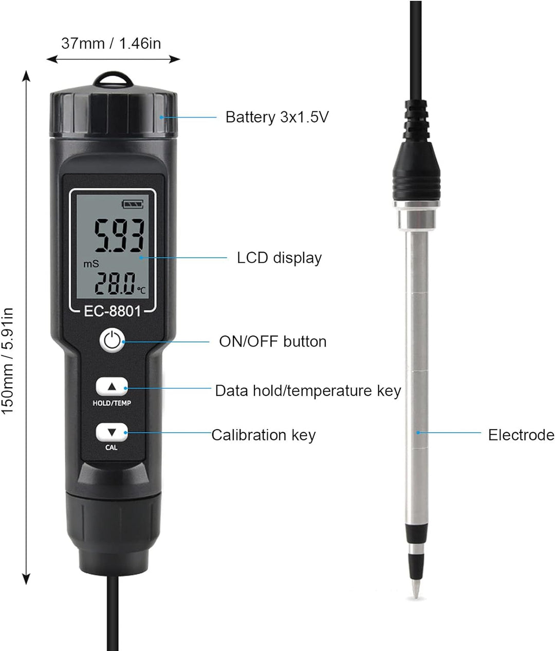 Zerodis Bodenmessgerät Bodenanalyse Set Bodentester Digital EC Bodenmessgerät, Salzdetektor mit Sond