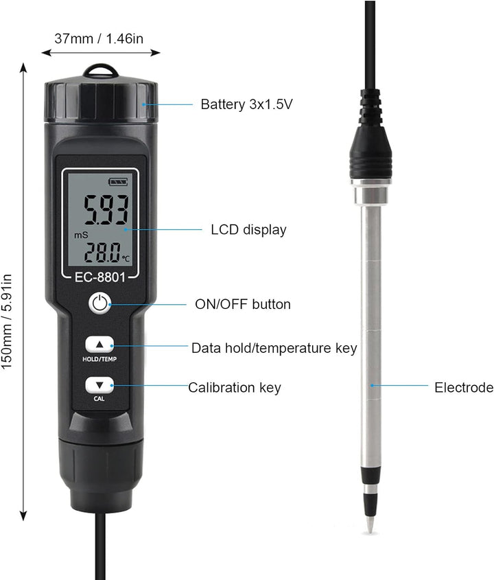 Zerodis Bodenmessgerät Bodenanalyse Set Bodentester Digital EC Bodenmessgerät, Salzdetektor mit Sond