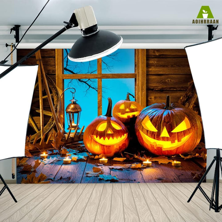 Aoihrraan 3x2m Böse Kürbis Laterne Hintergrund Holz Haus Fenster Rad Kerze Ahorn Blatt Halloween Fot