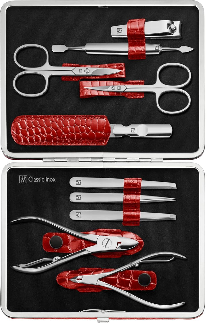 ZWILLING Maniküre Set Pediküre Kit, Nagelpflege Komplettset, Rindleder, Kroko Edition, 10-teilig, Ro