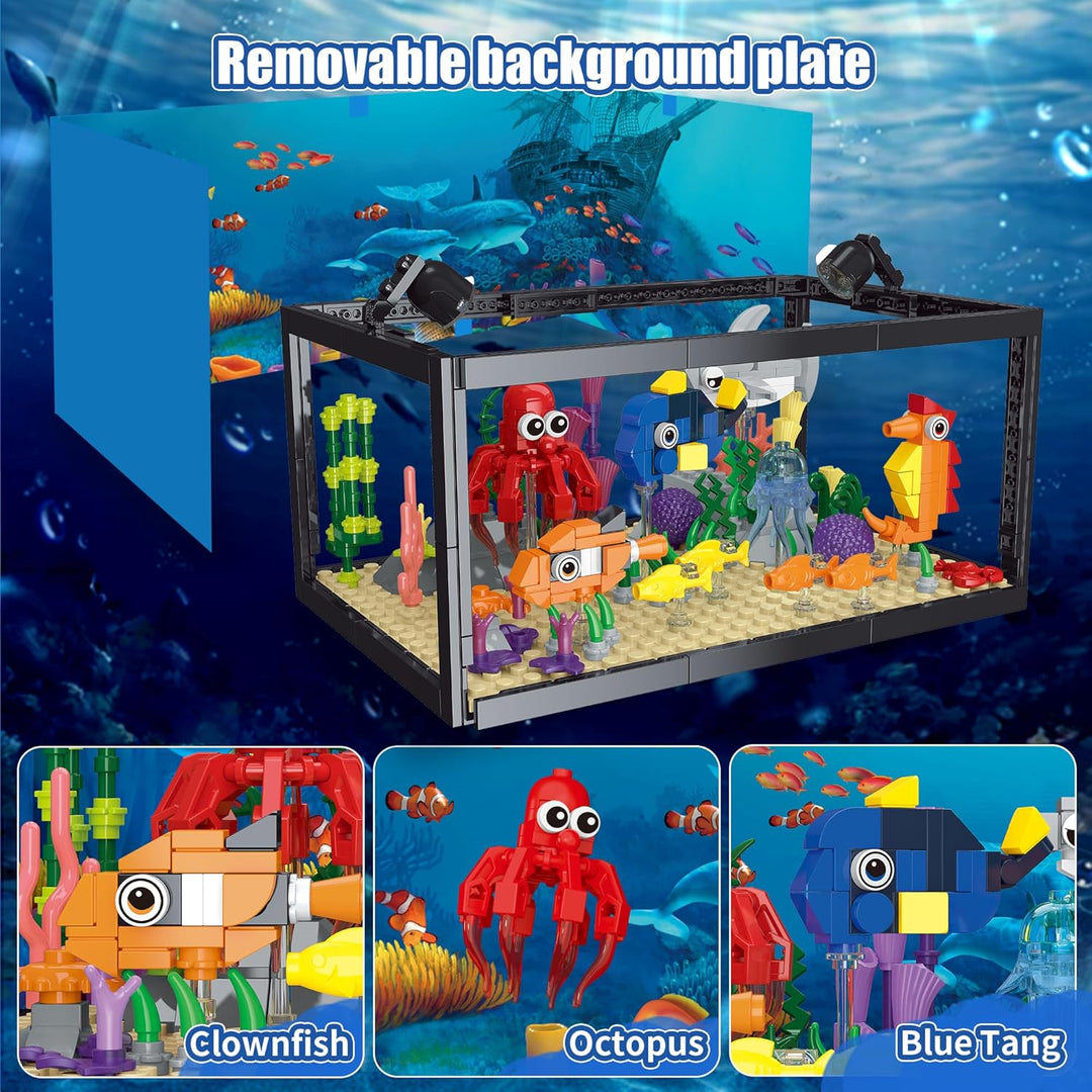 8-in-1 Aquarium-Baustein, Meeresaquarium-Baustein mit LED-Licht, einschliesslich Meeresquallen, Fisc