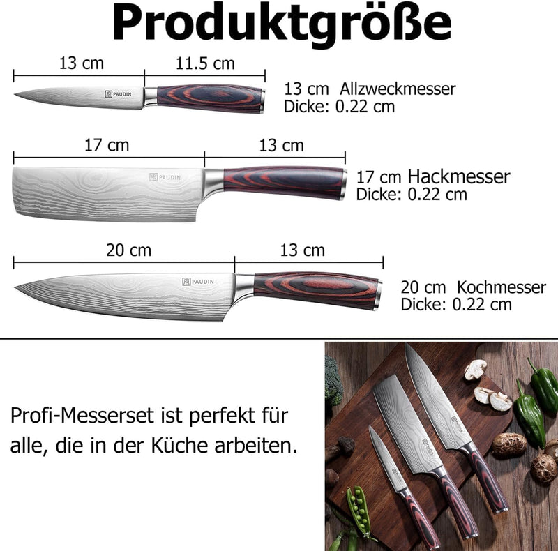PAUDIN Küchenmesser Set, 3-tlg Messerset aus hochwertigem Carbon Edelstahl, Ultra Scharfes Messer se