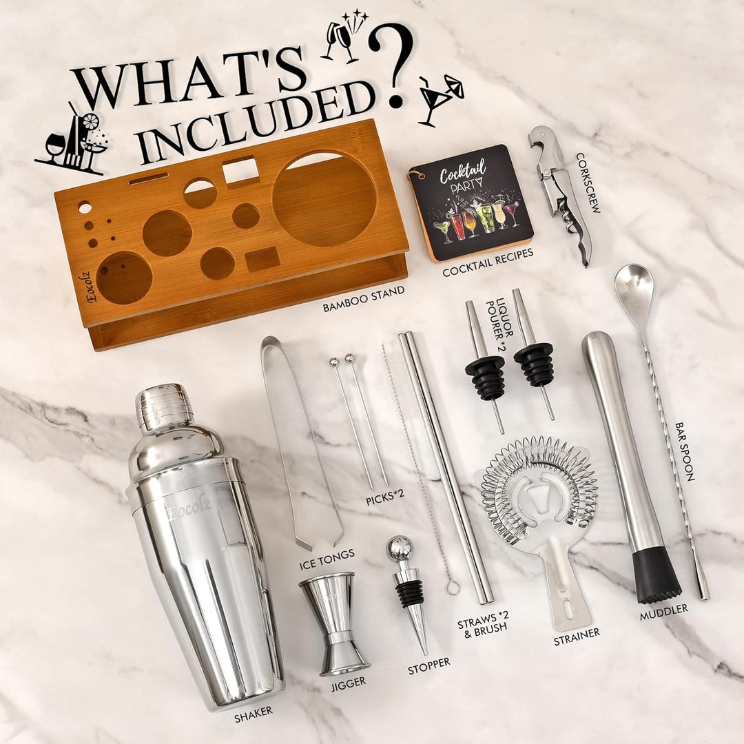 Cocktail Shaker Set mit Bambus Ständer & Rezeptbuch, Edelstahl 750ml Bar Cocktailset Cocktailshaker