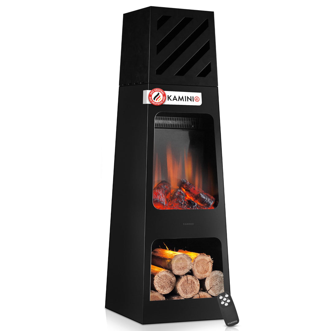 KAMINIO Elektrischer Gartenkamin Kai - Elektro Terrassenofen mit Heizung, 3D-Flammeneffekt, Holzfach