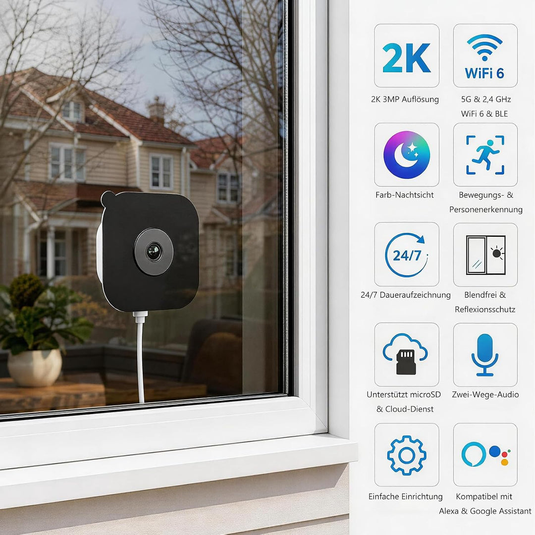 (2 Pack) 2K 3MP Überwachungskamera Innen für Fenster, Fensterkamera mit Farb-Nachtsicht, 5 GHz &amp; 2,4