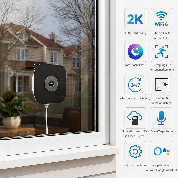 (2 Pack) 2K 3MP Überwachungskamera Innen für Fenster, Fensterkamera mit Farb-Nachtsicht, 5 GHz &amp; 2,4