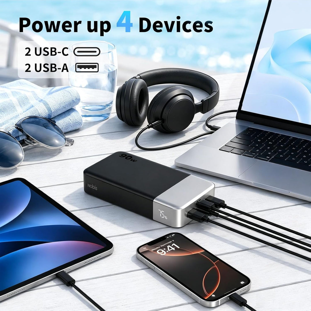 NOBIS 90W 20.000 mAh Powerbank, Tragbarer Laptop-Ladegerät mit 4 Anschlüssen, PD Schnellladung, Digi