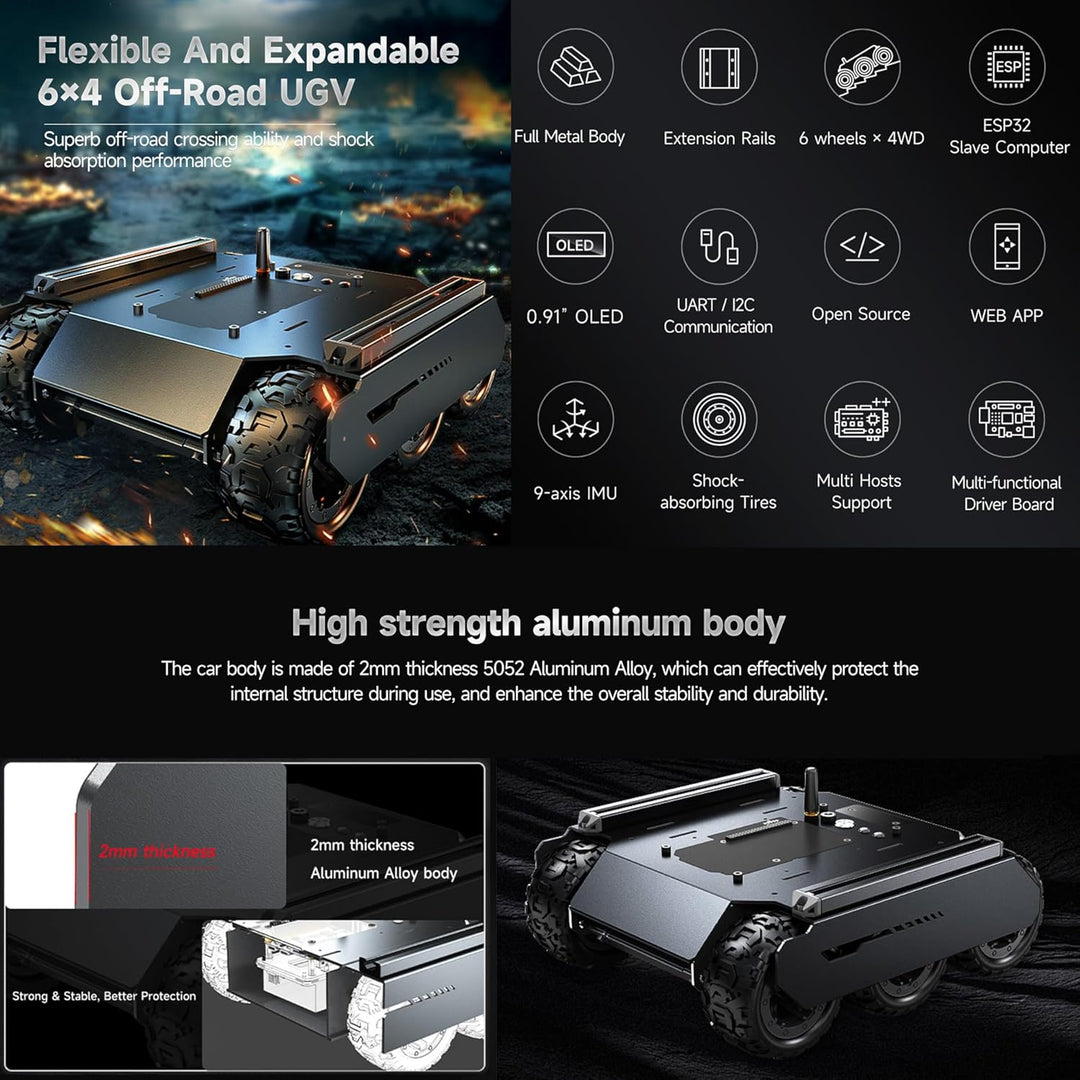 Waveshare Mobile Robot,Flexible and Expandable 6x4 Off-Road UGV, with Extension Rails and ESP32 Slav