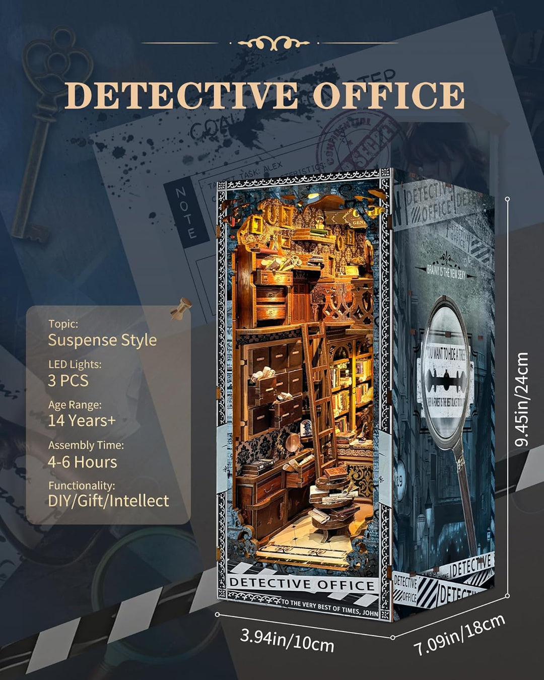 Quanquer Book Nook Kit-Detektivbüro Mit Staubschutzhülle Miniatur Puppenhaus Bücherregal 3D Holzpuzz