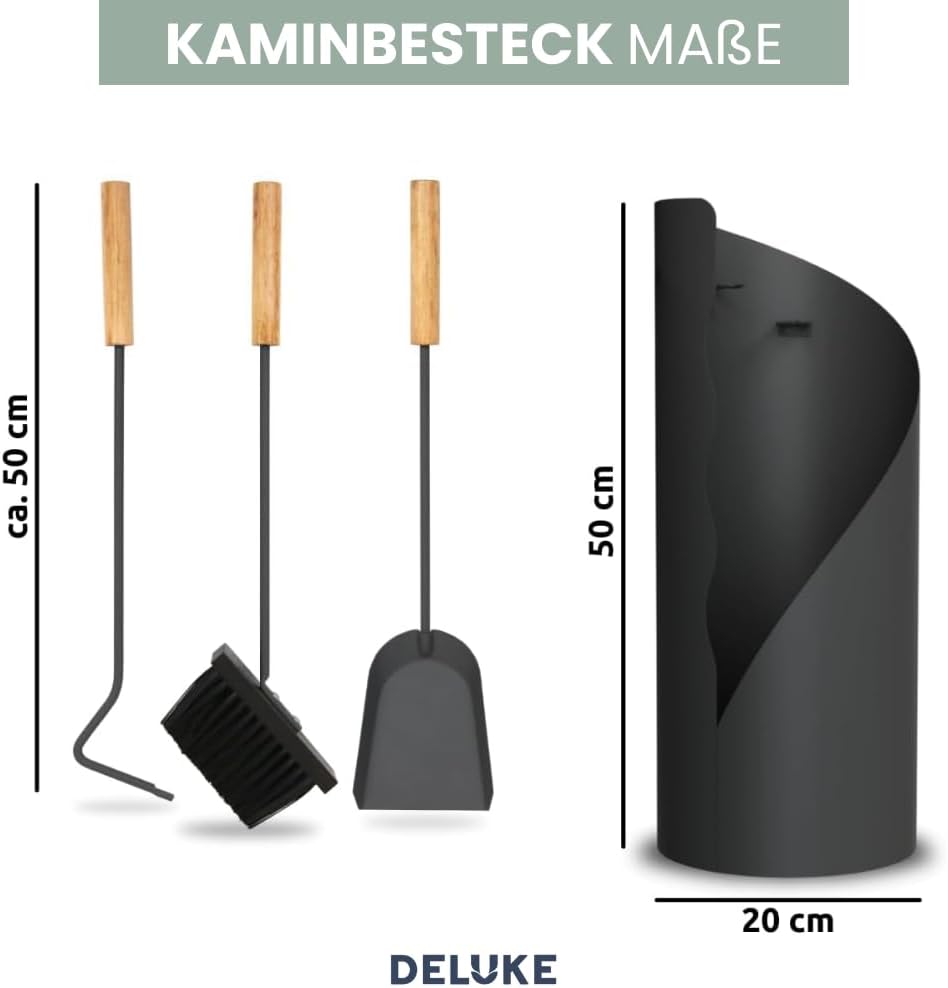 Kaminbesteck modern IGOR | 5-teilig mit Holzgriff | Schürhaken Besen Ascheschaufel | Kamingarnitur A
