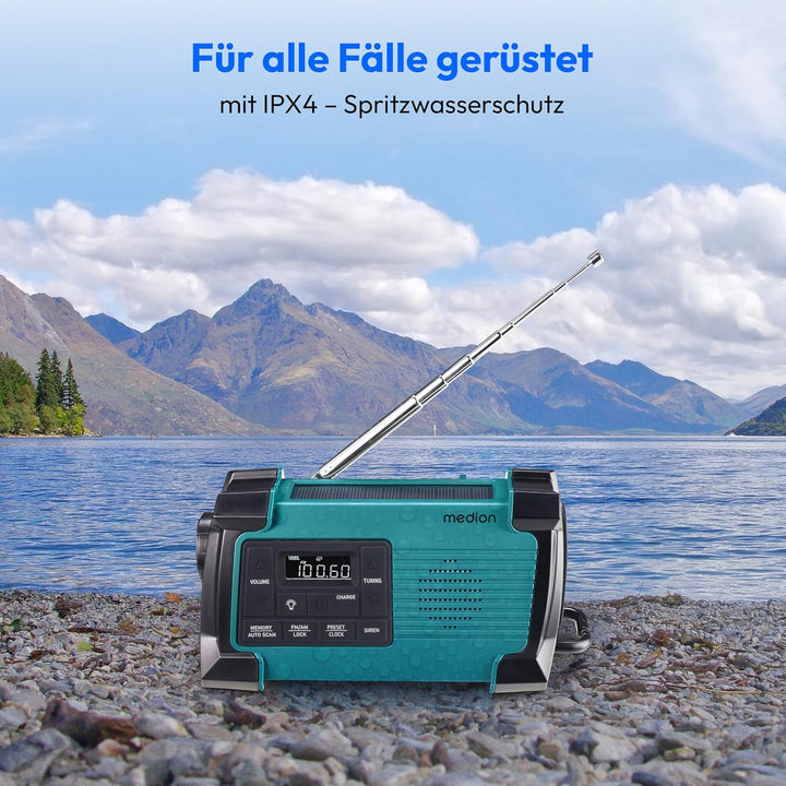 MEDION E66805 Kurbelradio (Solar, Dynamo Handkurbel, Baustellenradio, PLL UKW Radio, Taschenlampe IP