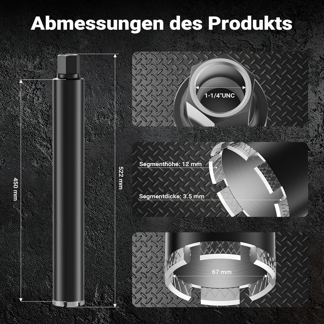 Wiltec Diamantbohrkrone Typ 2 (Mesh) Ø 67 mm, Bohrkrone 450 mm, 1¼ UNC Nassbohrkrone, Diamantbohrer