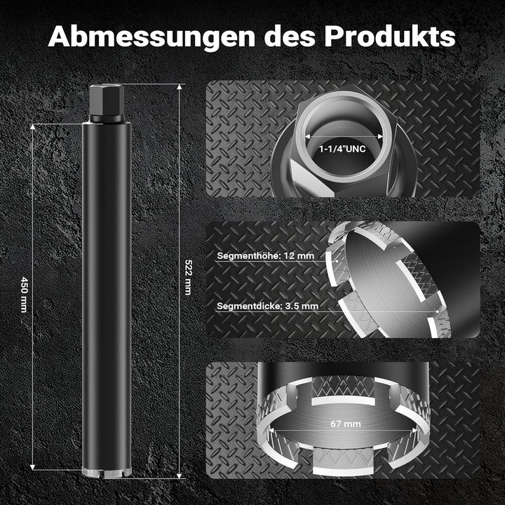 Wiltec Diamantbohrkrone Typ 2 (Mesh) Ø 67 mm, Bohrkrone 450 mm, 1¼ UNC Nassbohrkrone, Diamantbohrer