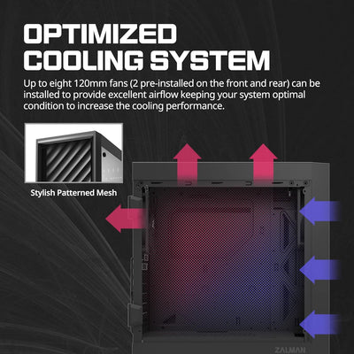 Zalman T7 PC Gehäuse Midi Tower ATX, Mesh Front 2xLüfter, Glas Seitenwand, Schwarz