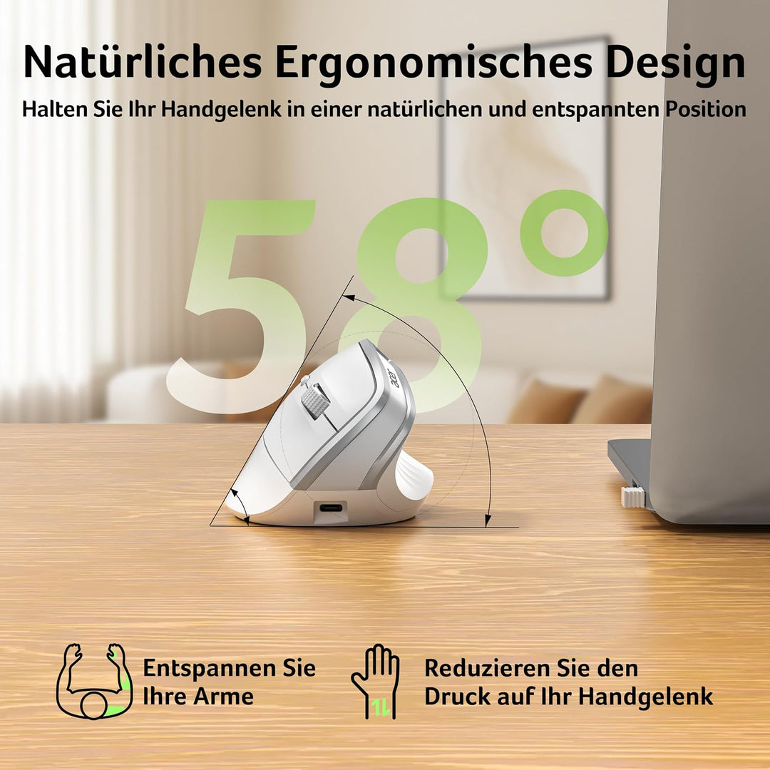 Acer 2.4G Ergonomische Maus, Vertikale Optische Maus Kabellos 1600 DPI, Wiederaufladbar Wireless Mou