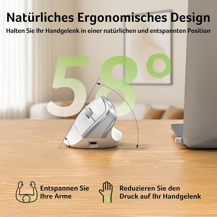 Acer 2.4G Ergonomische Maus, Vertikale Optische Maus Kabellos 1600 DPI, Wiederaufladbar Wireless Mou