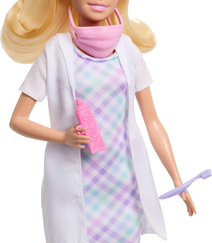 Barbie Karriere Zahnärztin-Spielset mit blonder Barbie-Puppe im Arztkittel, Kleinkind-Puppe, Behandl
