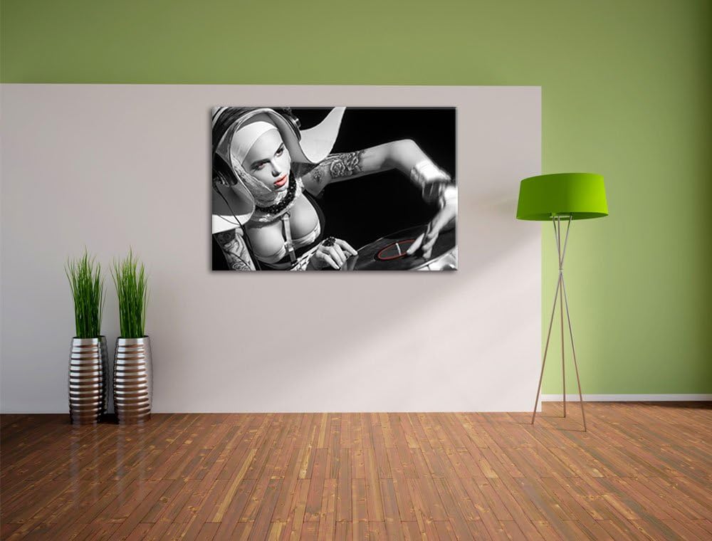 Pixxprint Tätowierte DJ Frau als Leinwandbild/Grösse: 100x70 / Wandbild/Kunstdruck/fertig bespannt,