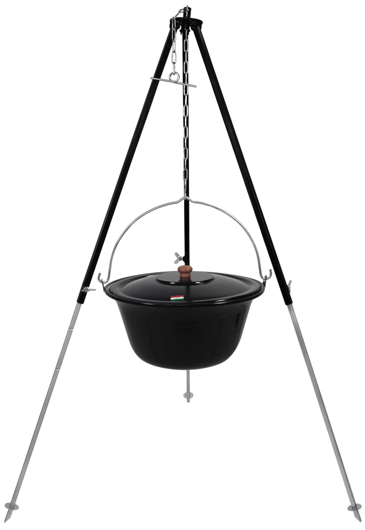 GRILLPLANET Original ungarischer Gulaschkessel 15 Liter emailliert | Dreibein-Gestell 130cm Teleskop