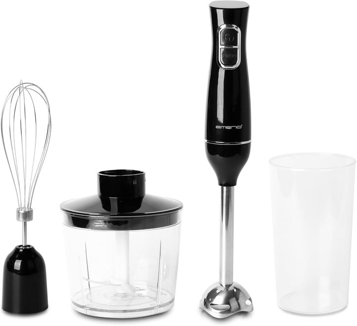 EMERIO Stabmixer Set 4-in-1 mit 2 Geschwindigkeiten + TURBO Funktion | Edelstahl | Stabmixer + Schne
