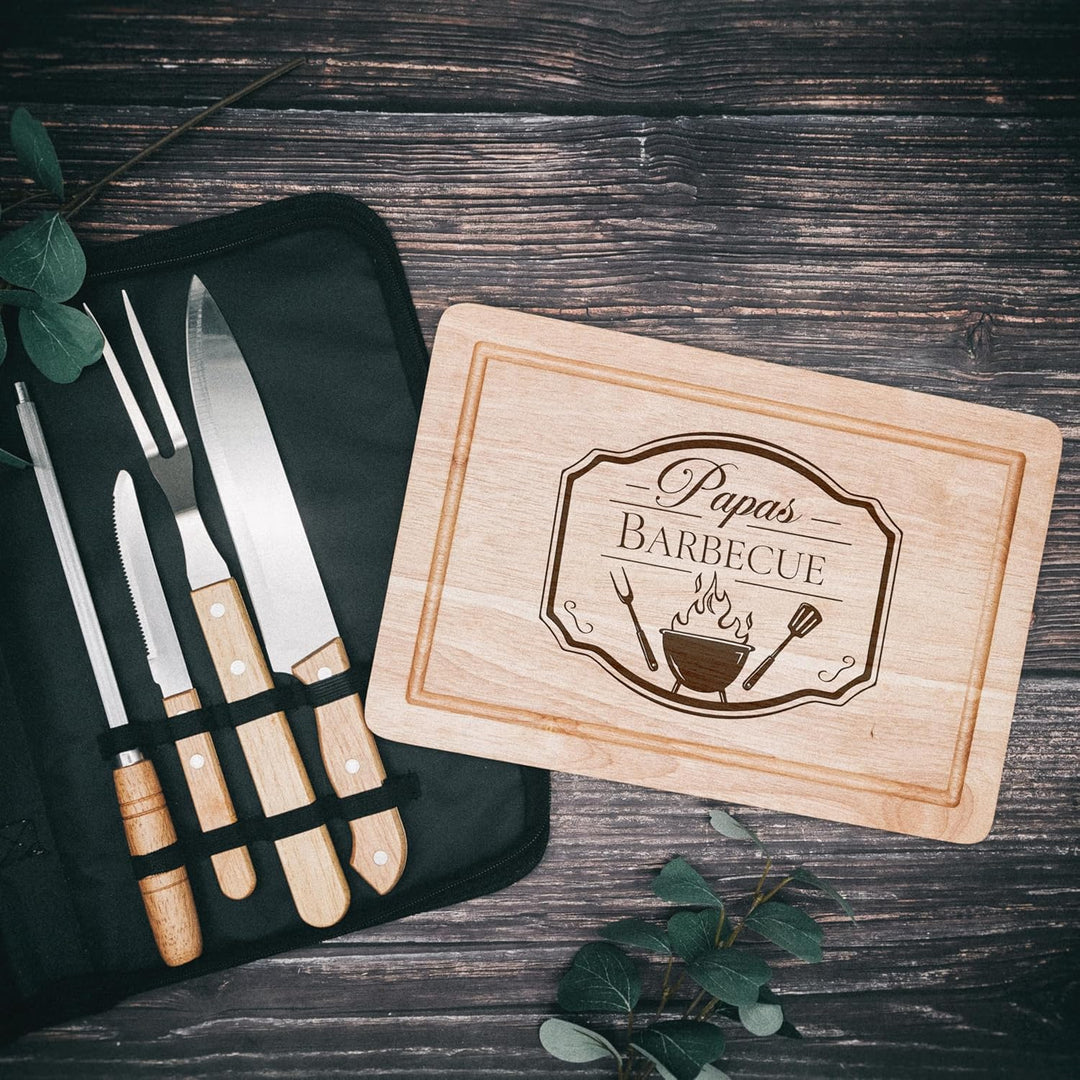 Grillset mit Messer im Messerset, Grillen Geschenk, Grill Accessories, Grillbrett, Geschenke für Män