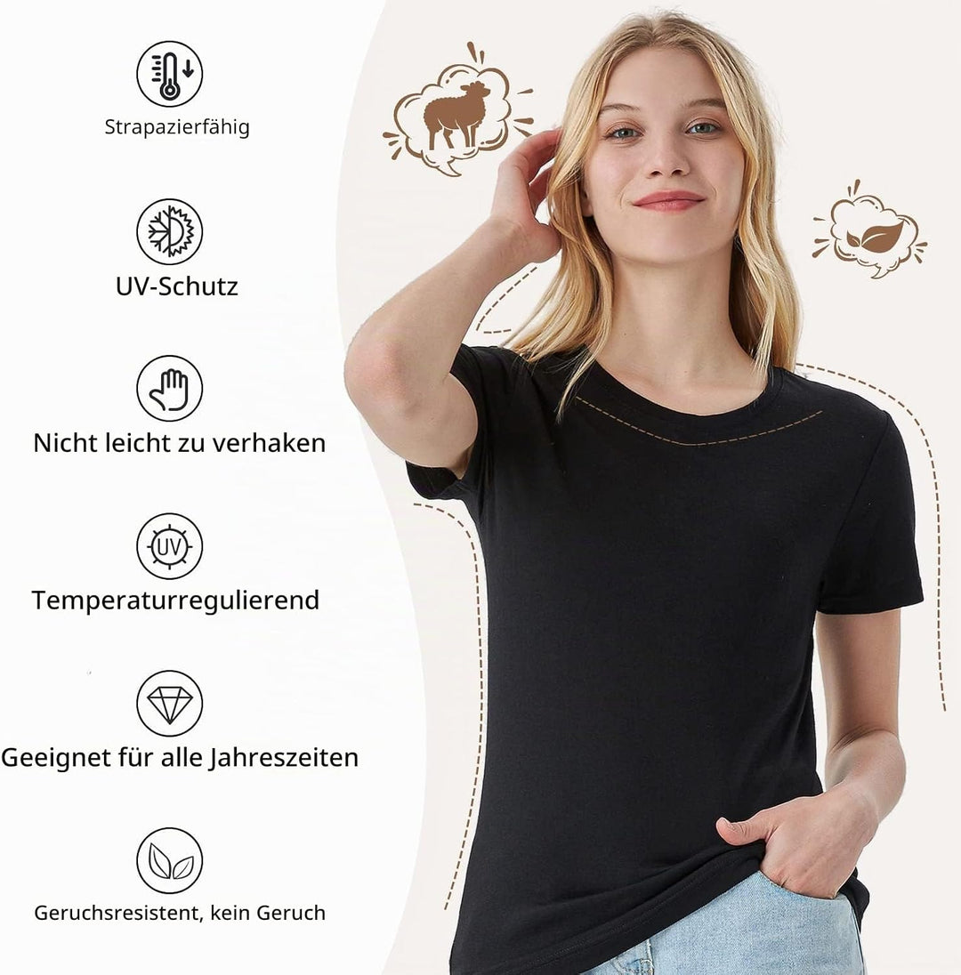 Merino Protect 100% Merino Wolle Shirt Damen Kurzarm Rundhals Wolle Unterhemd Geruchsresistenz Funkt