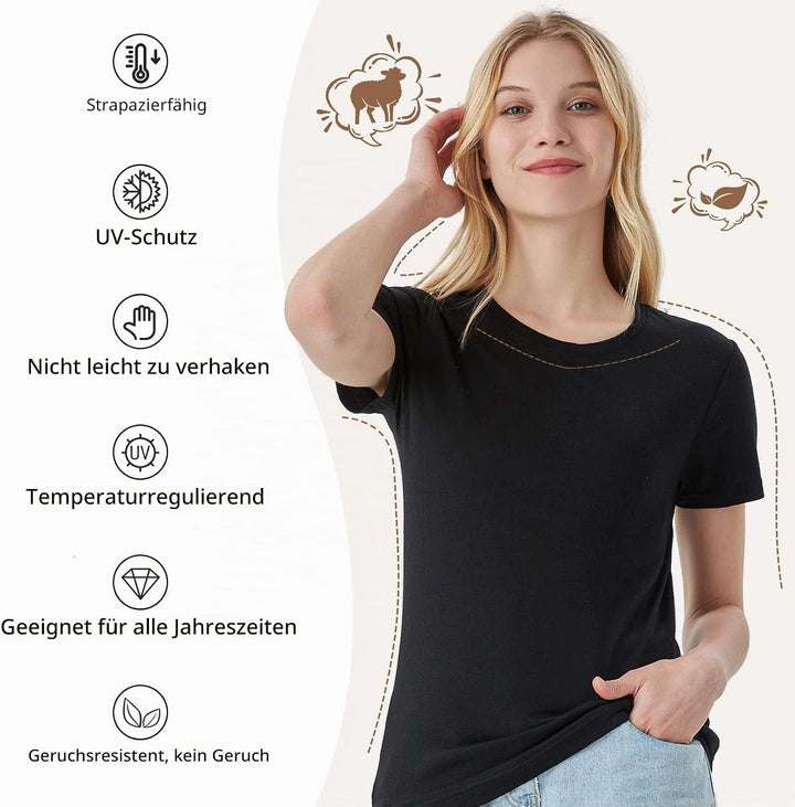 Merino Protect 100% Merino Wolle Shirt Damen Kurzarm Rundhals Wolle Unterhemd Geruchsresistenz Funkt