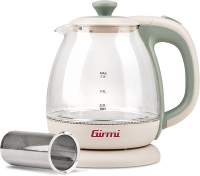 Girmi Wasserkocher + Teekanne BL41 aus Glas, 1100 W, schnurlos, 1 Liter, Wassergrün, BL4105, Teal Kr