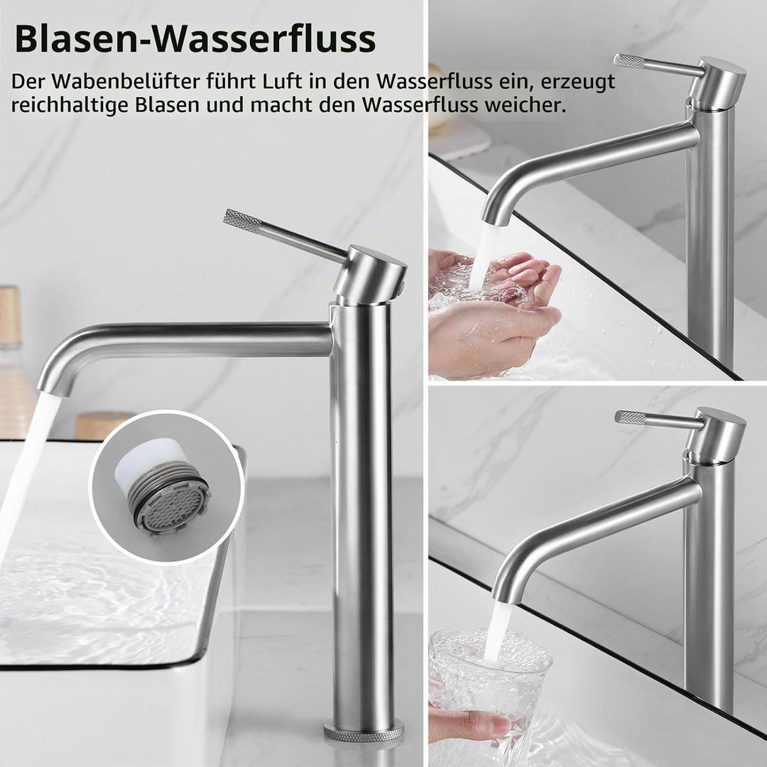 PHASAT Wasserhahn Bad, Waschtischarmatur für Waschbecken Gebürstet Einhebelmischer Hoch für Aufsatzw