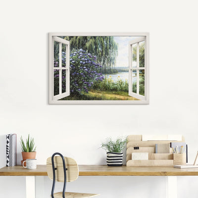 ARTland Leinwandbilder Wandbild Bild auf Leinwand 100x70 cm Landschaften Fensterblick J4WF Hortensie