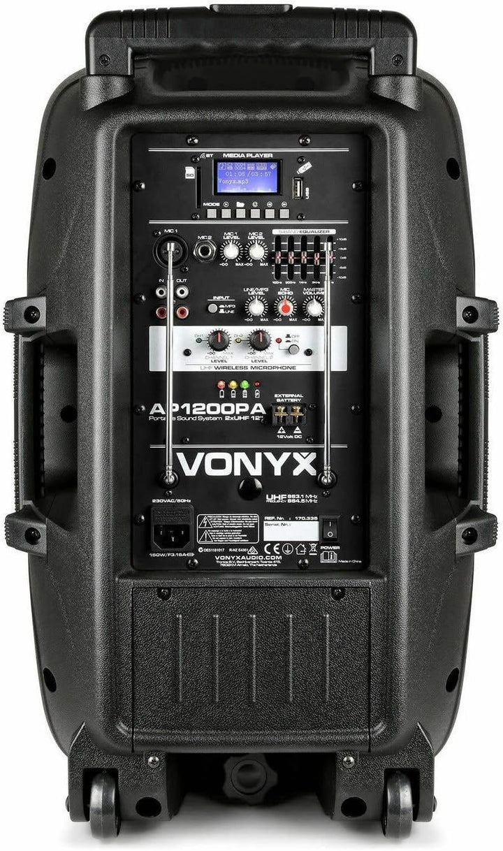 Vonyx AP1200PA - Mobile PA Anlage, Partybox Bluetooth mit Akku, 600 Watt Party Lautsprecher mit UHF-