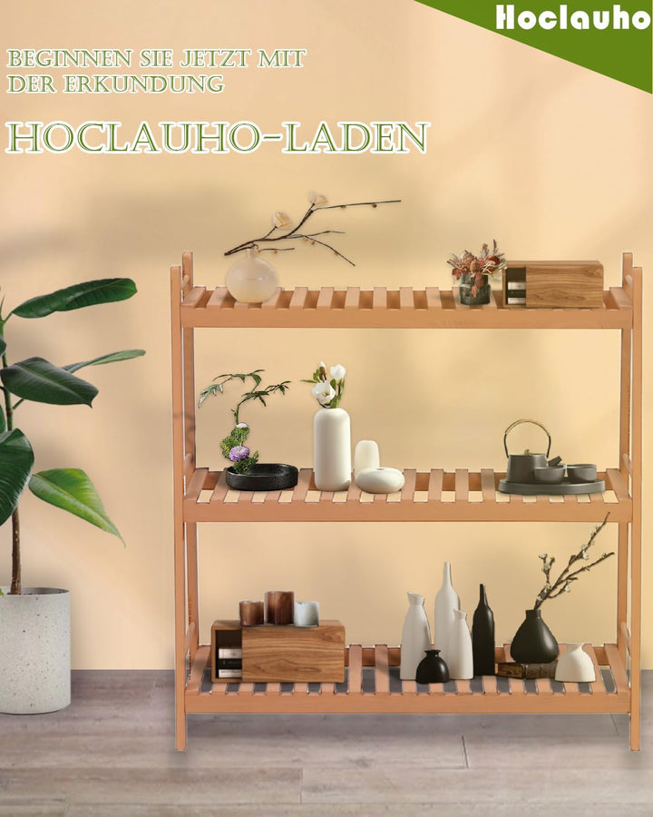 Hoclauho Pflanzenständer aus Holz mit 3 Ablagen, Leiterregal und Küchenregal, Blumenregal und Organi